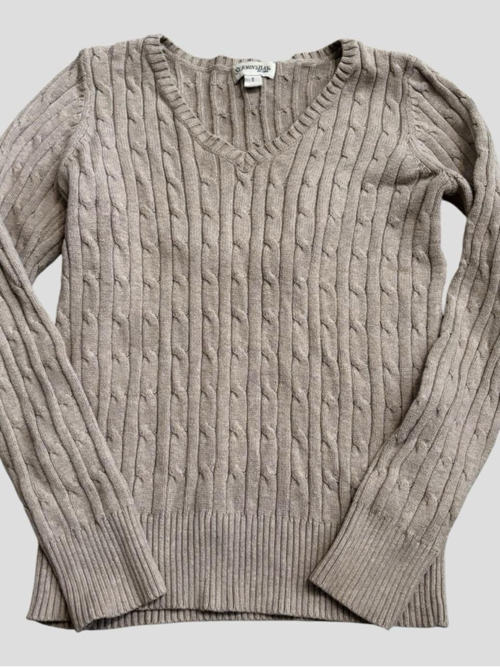 St Johns Bay Cable Knit Layering V-Neck Sweater in Taupe